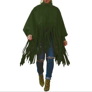 Olive Green Fringe Poncho